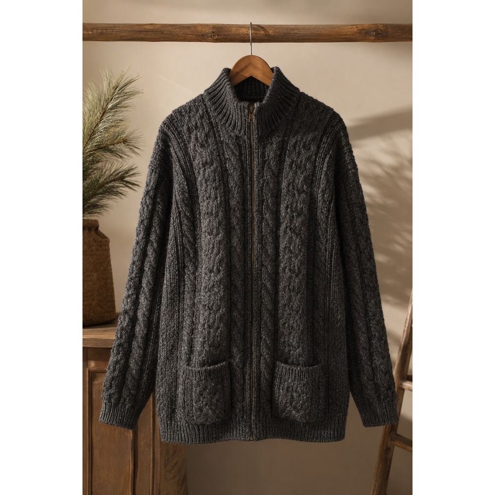 SAOL Ireland XXL 100% New Wool Aran Cable Knit Full Zip Fisherman Cardigan